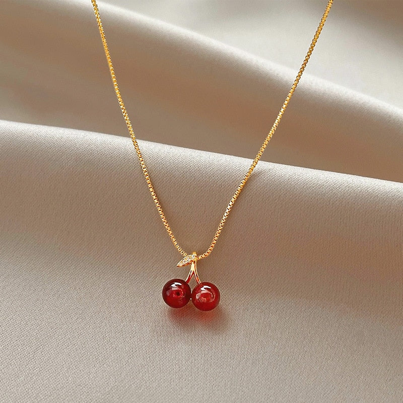 Wine Red Cherry Gold Pendant Necklace