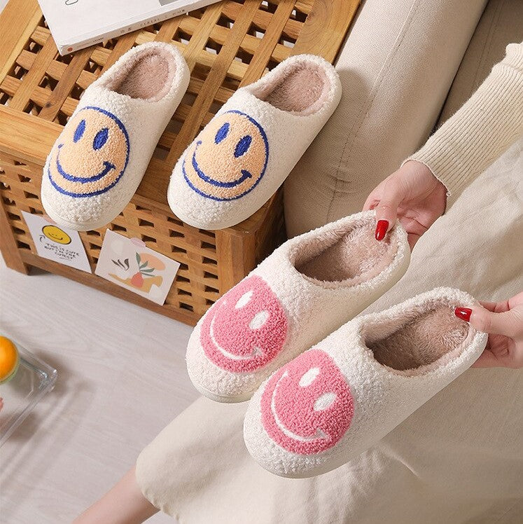 Fuzzy Smiley Face House Slippers In Multiple Colors