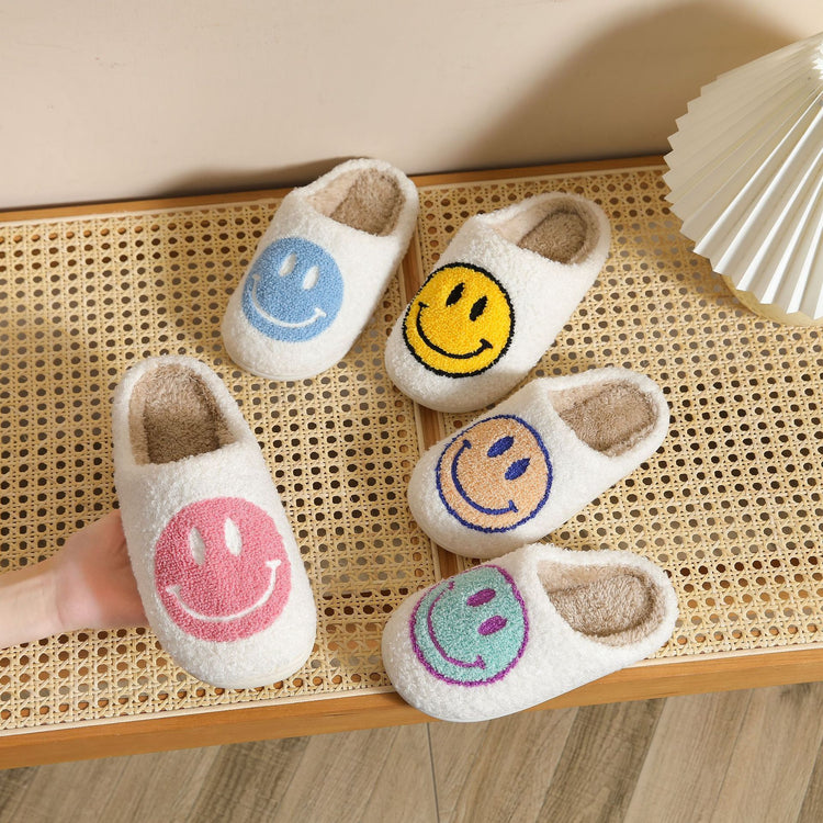 Fuzzy Smiley Face House Slippers In Multiple Colors