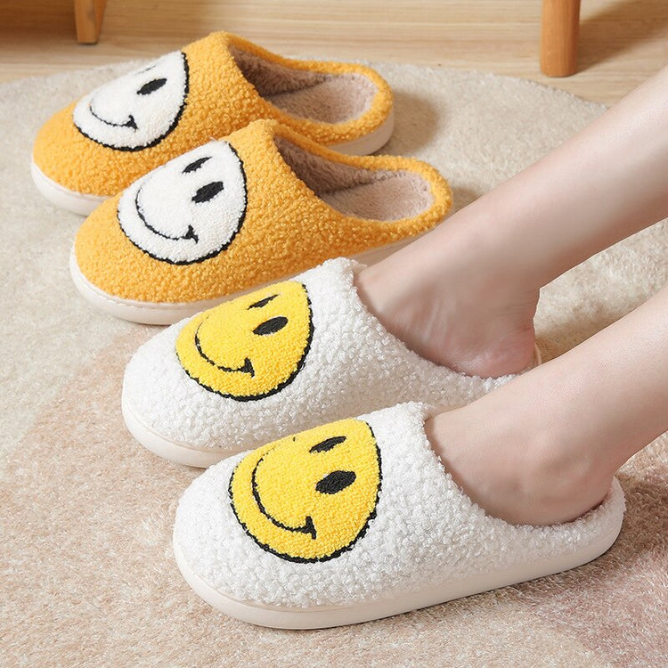 Fuzzy Smiley Face House Slippers In Multiple Colors