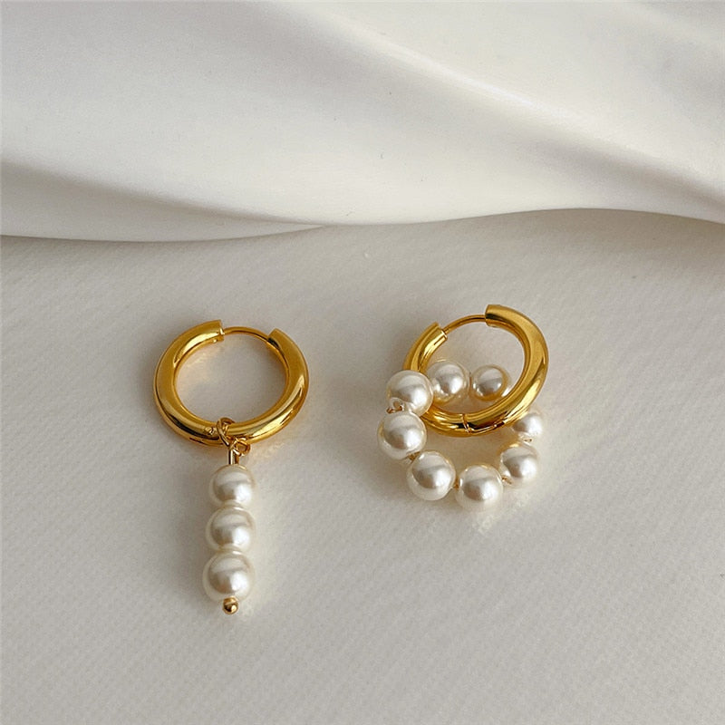 Exquisite Asymmetric Faux Pearls Hoop Earrings