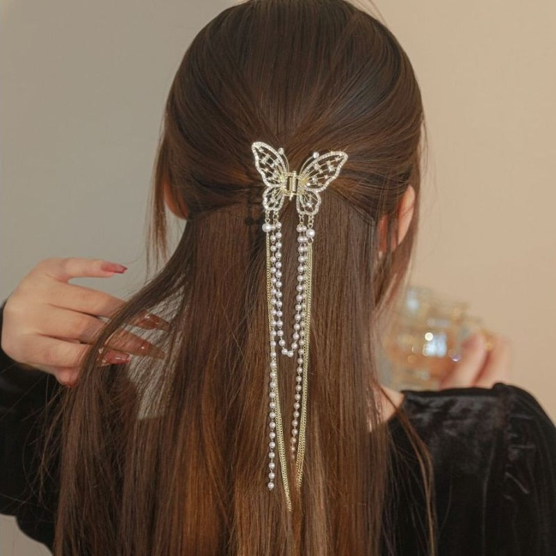 Pearl Butterfly Tassel Decorative Hair Claw