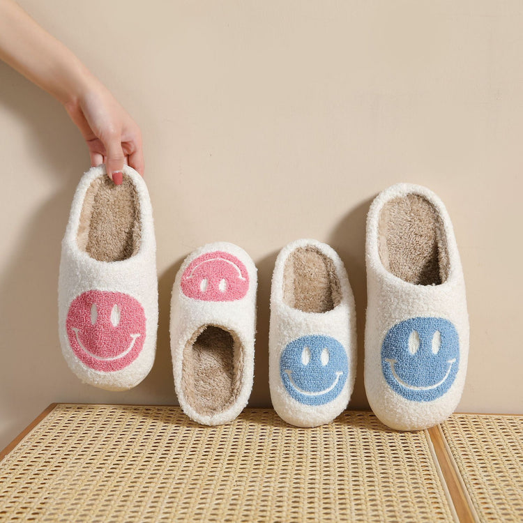 Fuzzy Smiley Face House Slippers In Multiple Colors