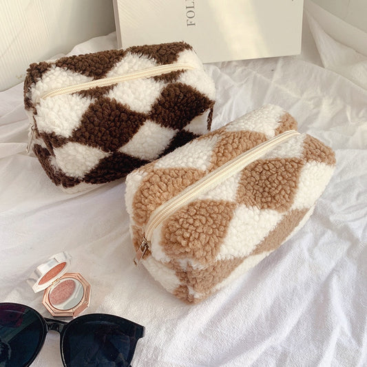 Soft Plush Checkered Travel Toiletries Bag