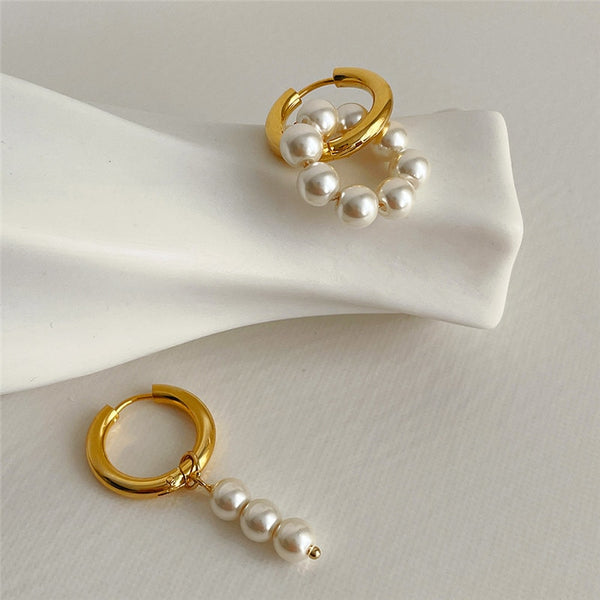 Exquisite Asymmetric Faux Pearls Hoop Earrings