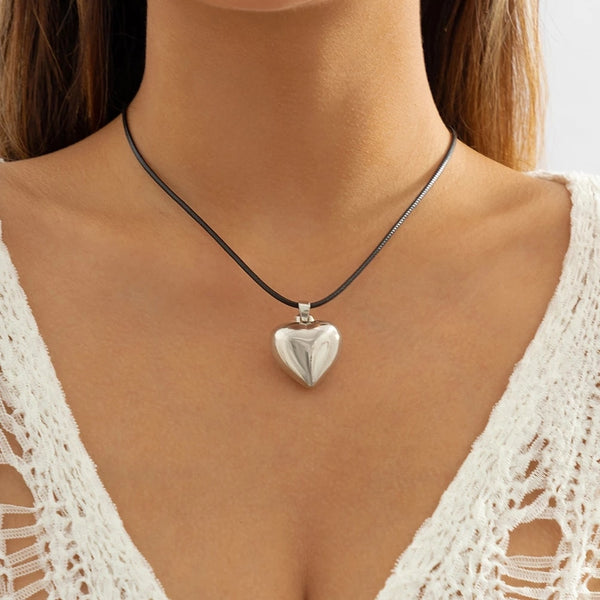 Black Leather Cord Heart Pendant Necklace