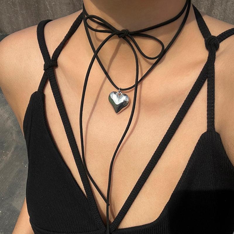 Black Leather Cord Heart Pendant Necklace