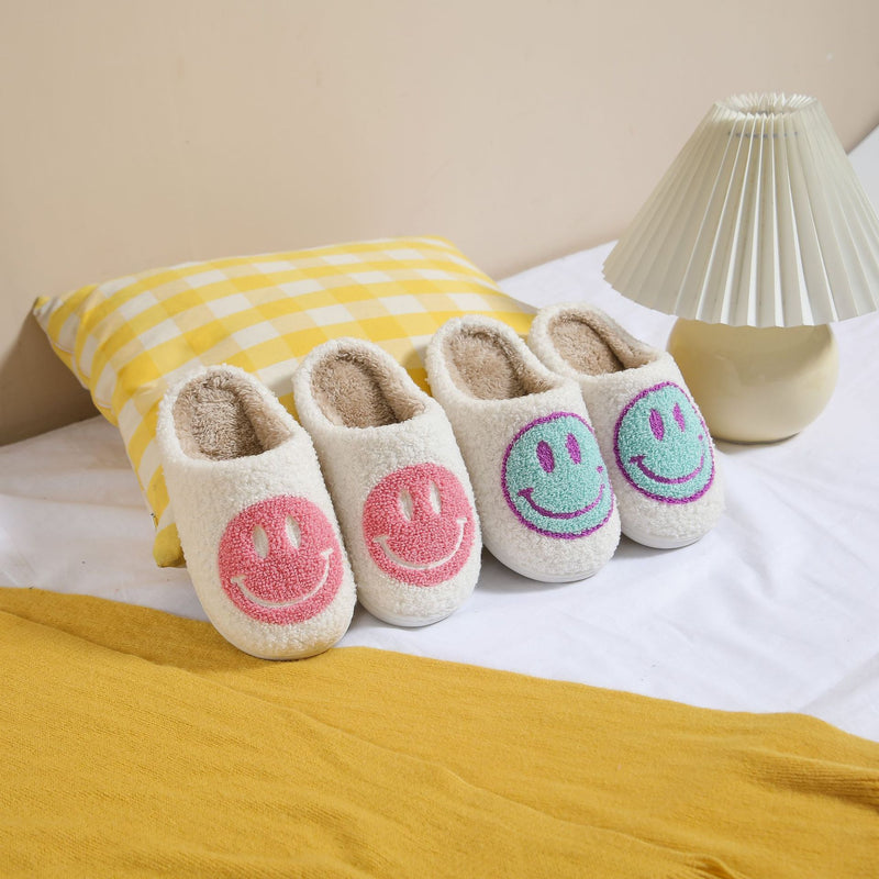 Fuzzy Smiley Face House Slippers In Multiple Colors