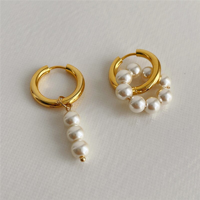 |Asymmetrical Rhinestone/Pearl Hoop Drop Earrings| main image 0