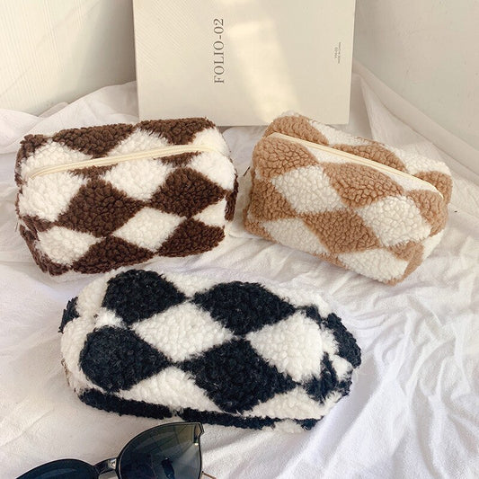 Soft Plush Checkered Travel Toiletries Bag